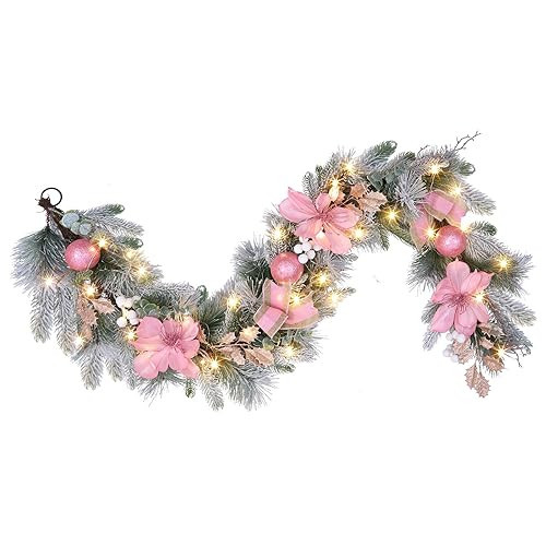 6 feet Christmas Pink Garland for Front Door with 30 LED Lights with Timer,Festive Lighted Holiday Snow Flocked Garland Decor,prelit Mantel Stair Fireplace Pink Decorations for Christmas and Wedding | Amazon (US)