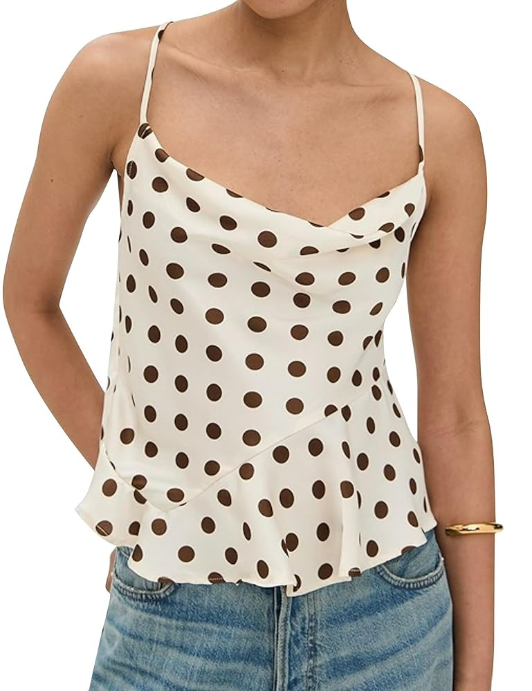 Womens Polka Dot Satin Tank Tops Cowl Neck Tie Back Sleeveless Shirt Asymmetrical Ruffle Hem Cami... | Amazon (US)