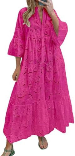 chouyatou Women's 2026 Lace Eyelet Embroidery Maxi Dress V-Neck Trumpet Sleeve Boho Flowy Swing D... | Amazon (US)