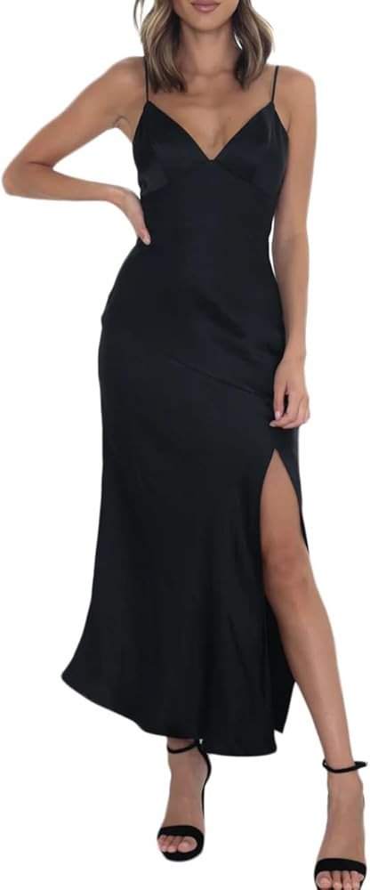 Summer Satin V Neck Silp Midi Dress for Women Wedding Guest 2025 Sexy Spaghetti Strap Backless Lo... | Amazon (US)