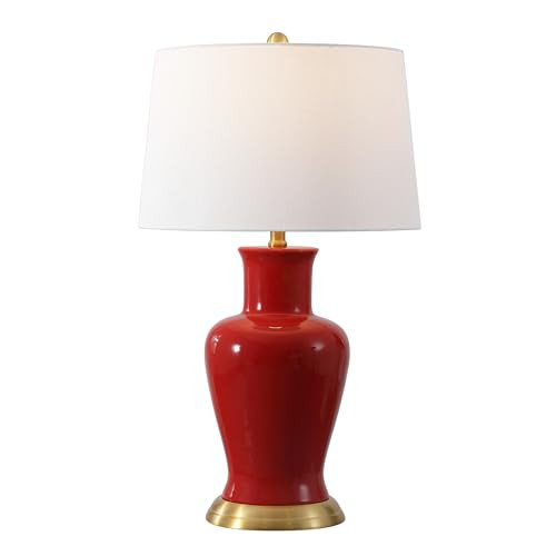 JONATHAN Y 29" Red Traditional Ceramic Urn LED Table Lamp for Bedroom Decor, White Linen Drum Shade, Classic Nightstand Lamp for Living Room, LED Bulb Included (JYL4026G) | Amazon (US)