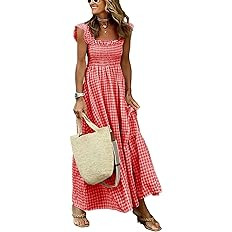 chouyatou Women's Retro Plaid Smocked Dress Spaghetti Strap Flounce Long Dress | Amazon (US)