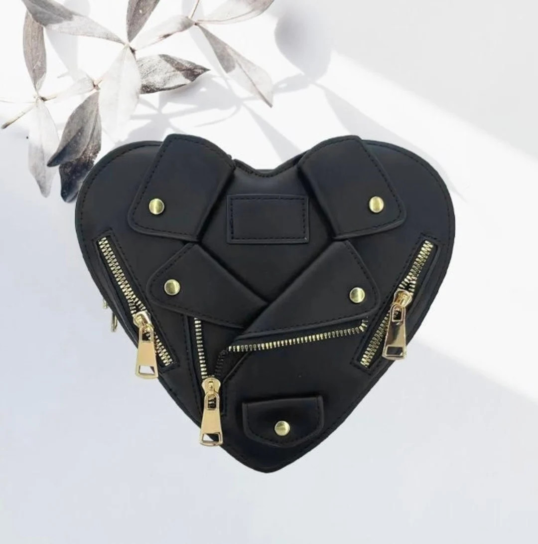 Faux Black Leather Jacket Heart Clutch - Etsy | Etsy (US)