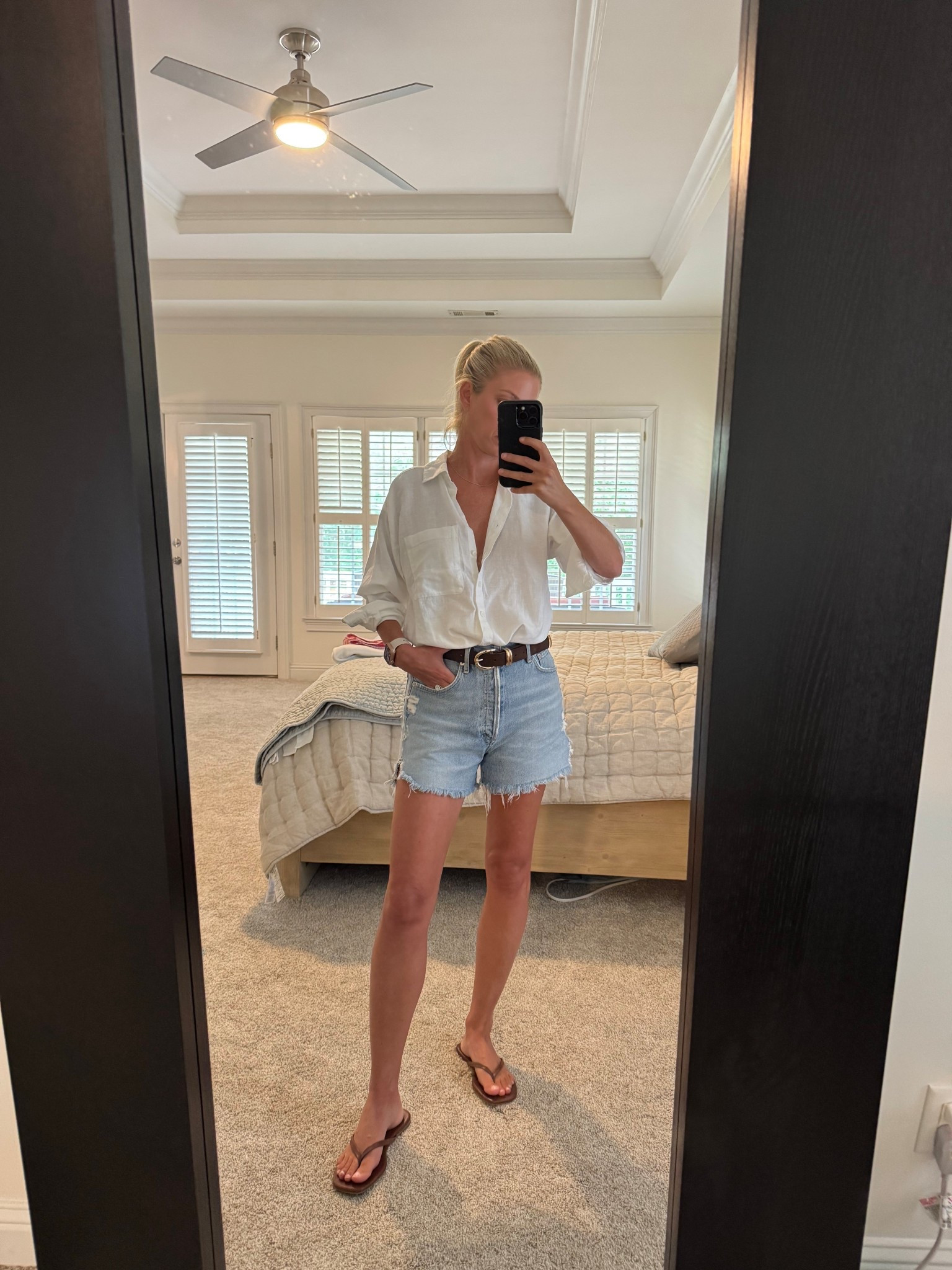 Linen top, white long sleeve , denim shorts , July 4th outfit , flat sandals , travel outfit , summer outfit , suede belt

#LTKSeasonal #LTKOver40 #LTKSummerEdit