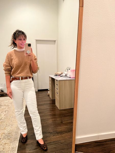 Fall outfit, petite white jeans, spanx denim, camel cashmere sweater, layered look, work from home, office outfit, work wear

#LTKunder100 #LTKstyletip #LTKworkwear