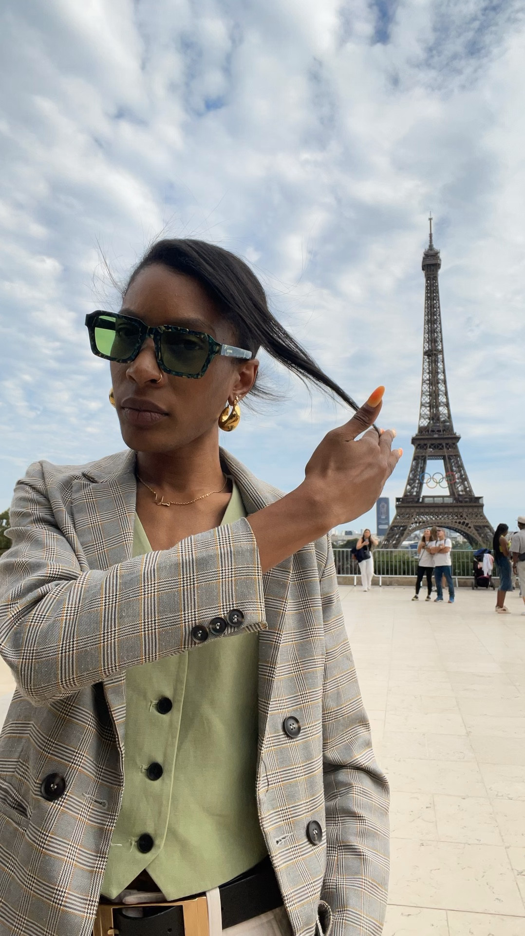 Eiffel OOTD 
✨Jacket - Beige plaid blazer from Zara (can’t link exact but very similar ones linked)
✨Vest - Sage green vest from Zara (can’t link but tons of similar ones linked)
✨Belt - Black buckle belt from Asos 
✨Pants - Uniqlo Wide Chino Pants | Tall size xs
✨Socks - IDGAF socks from fashionnova (same pair linked from different retailer)
✨Sneakers - Adidas Gazelle in Semi Court Green, Almost Yellow and Gum
✨Bag - Zara Bucket bag 
✨Glasses - Staunton glasses in green granite/green from braindead (similar pair linked)
✨Jewelry - target thick hoops, herringbone necklace from Raediate jewelry (similar linked)

#LTKStyleTip #LTKSeasonal #LTKWorkwear