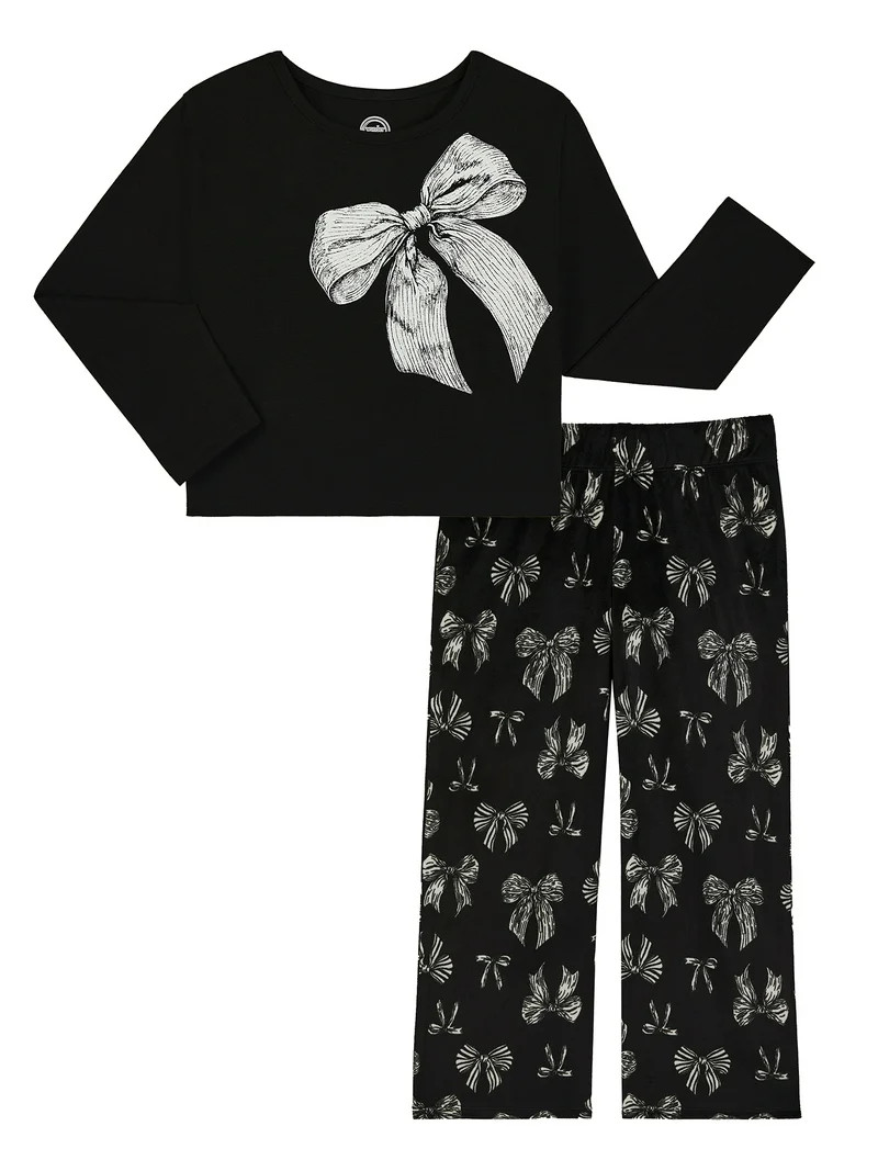 Wonder Nation Girls Long Sleeve Top and Wide Leg Pant Pajama Set, 2-Piece, Sizes 4-18 & Plus | Walmart (US)