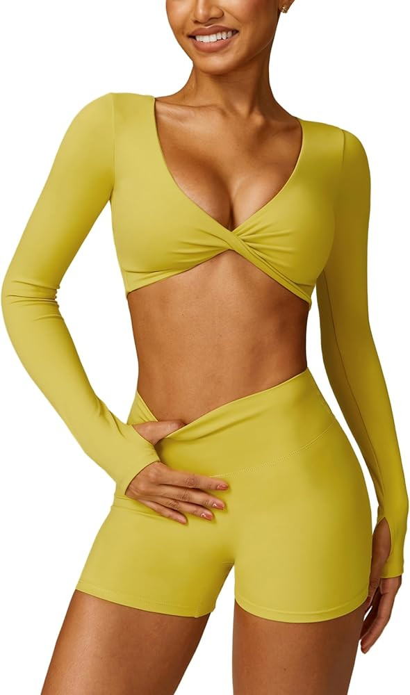 ABOCIW Workout Sets for Women 2 Piece Square Neck Long Sleeve Crop Tops High Waist Biker Shorts G... | Amazon (US)