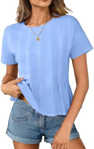 Women's Babydoll Tops T Shirts Peplum Pleated Short Sleeve Cropped Tee Summer Loose Fit Casual Cr... | Amazon (US)