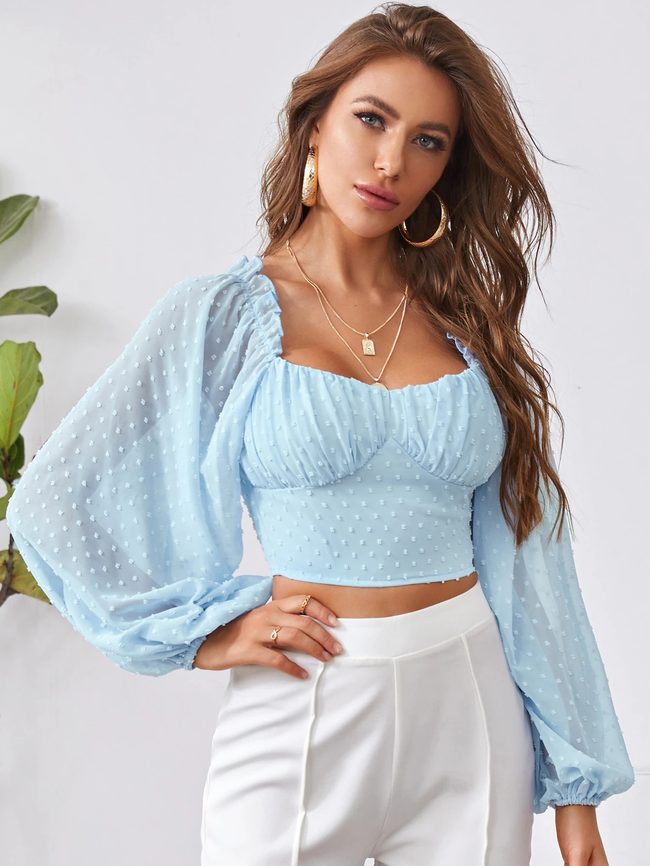 Frill Trim Lantern Sleeve Swiss Dot Top | SHEIN