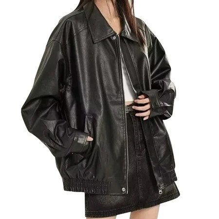 EHQJNJ Oversized Jacket Womens Fashion Long Sleeve Oversized Leather Jacket Vintage Button and Zip up Leather Jacket with Pocket Zip up Jacket Short Jackets for Women | Walmart (US)