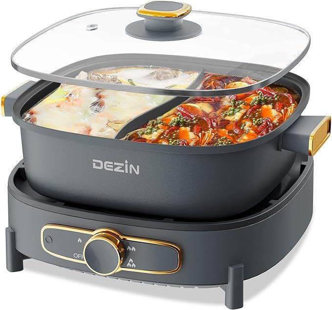 Dezin Hot Pot Electric with Divider, 5L Double-Flavor Electric Shabu Shabu Pot, Removable Non-Sti... | Amazon (US)