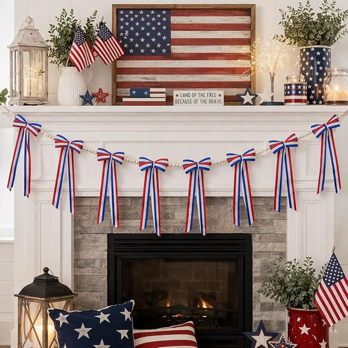 4th of July Patriotic Bow Garland, 250th Anniversary Rustic Farmhouse Decorations, Red White and ... | Amazon (US)