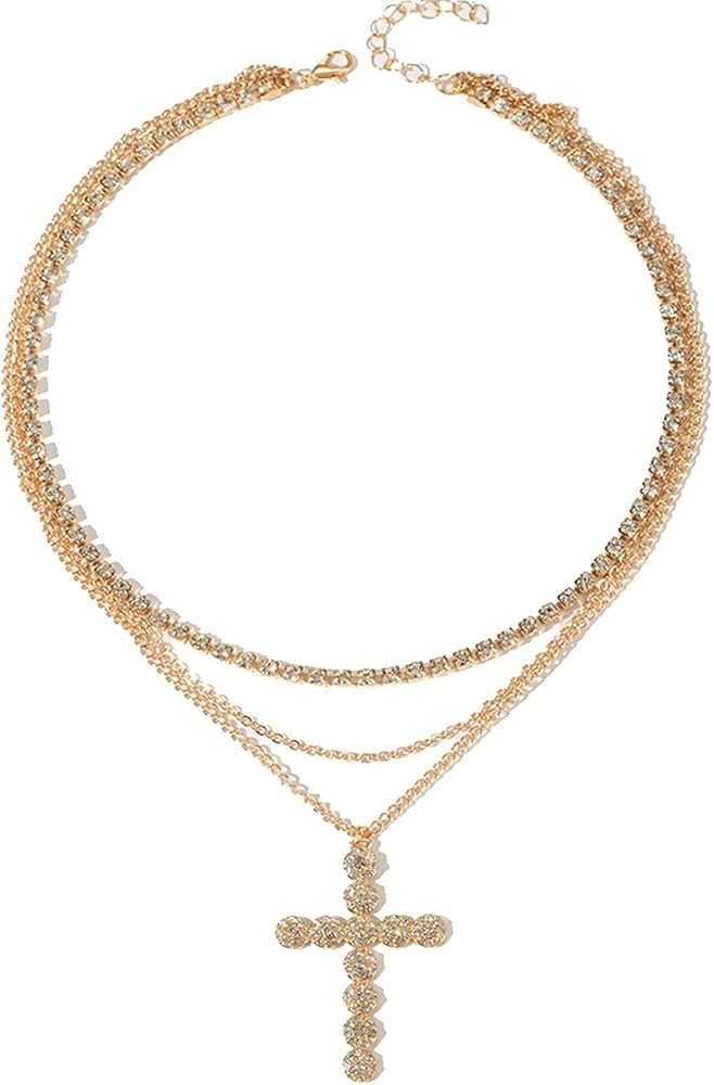 Women Cross Gold Necklaces Layered Pendant 14k Gold Plated Choker Necklaces Christian Jewelry Cha... | Amazon (US)