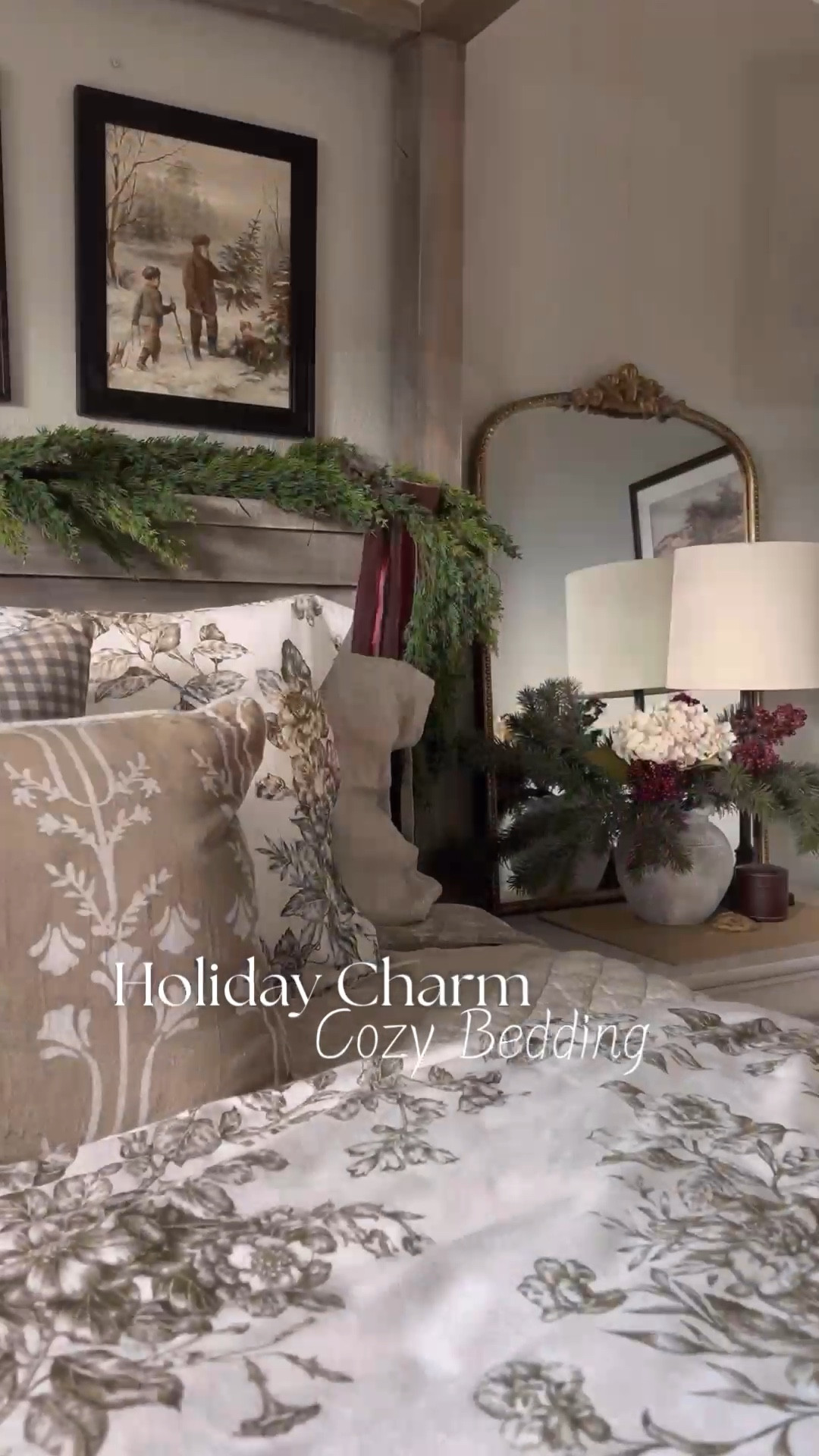 I’m so excited to share my cozy winter bedroom look with you! I layered a creamy white velvet quilt and a beige waffle-knit blanket over a sage green floral duvet from Garnet Hill for that extra warmth and texture. 🌿✨ The canopy bed is dressed up with realistic greenery, chocolate velvet, and red frayed ribbons for a subtle festive touch. Vintage artwork, pine greenery with deep red berries, and hydrangeas on the nightstands add even more charm. And of course, a beautiful mix of pillows completes the look! #WinterBedroom #FarmhouseDecor #HolidayCozy#LTKVideo

#LTKSeasonal #LTKHoliday