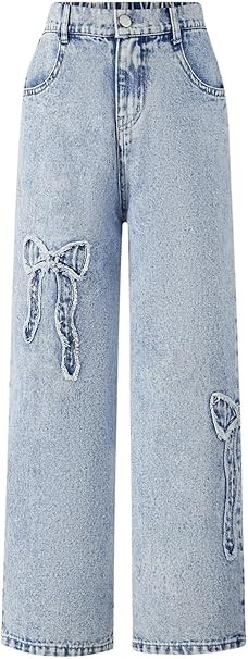 WDIRARA Girl's Bowknot Print Washed Jean Elastic Waist Denim Pants Straight Leg Trousers with Poc... | Amazon (US)