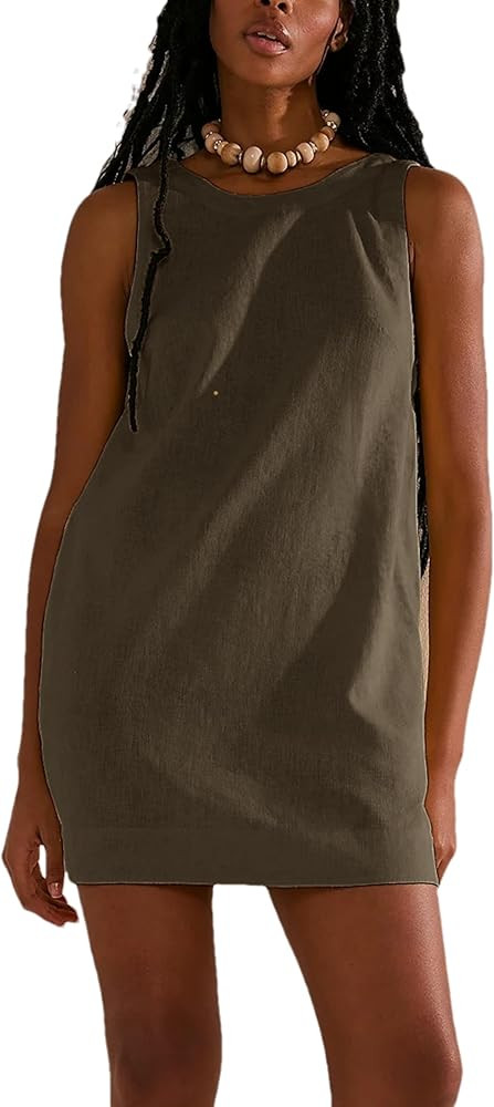Womens Summer Open Back Sunshine Dresses 2024 Casual Beach Cotton Linen Mini Dress | Amazon (US)
