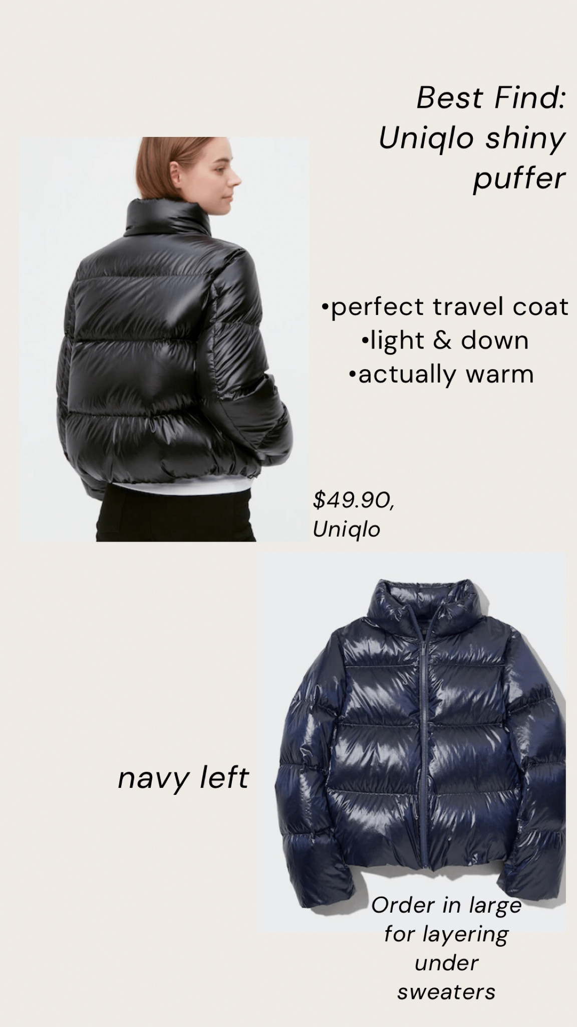 Perfect light down puffer under $50 in shiny colors like black, navy and brown (my favorite). Great for travel and LA light winter weather. Navy left. 

#LTKSeasonal #LTKFind #LTKtravel