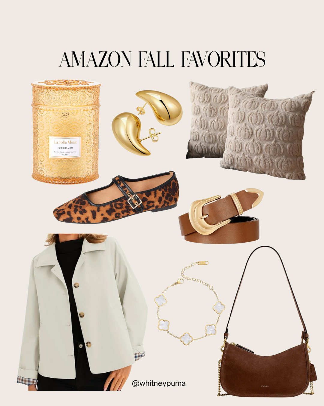 Amazon Fall Musthaves | Suede Coach Purse | Van Cleef bracelet | leopard flats | fall pillows | home decor | pumpkin candle | gold earrings | western belt | raincoat | jacket 

 

#LTKSeasonal #LTKHome