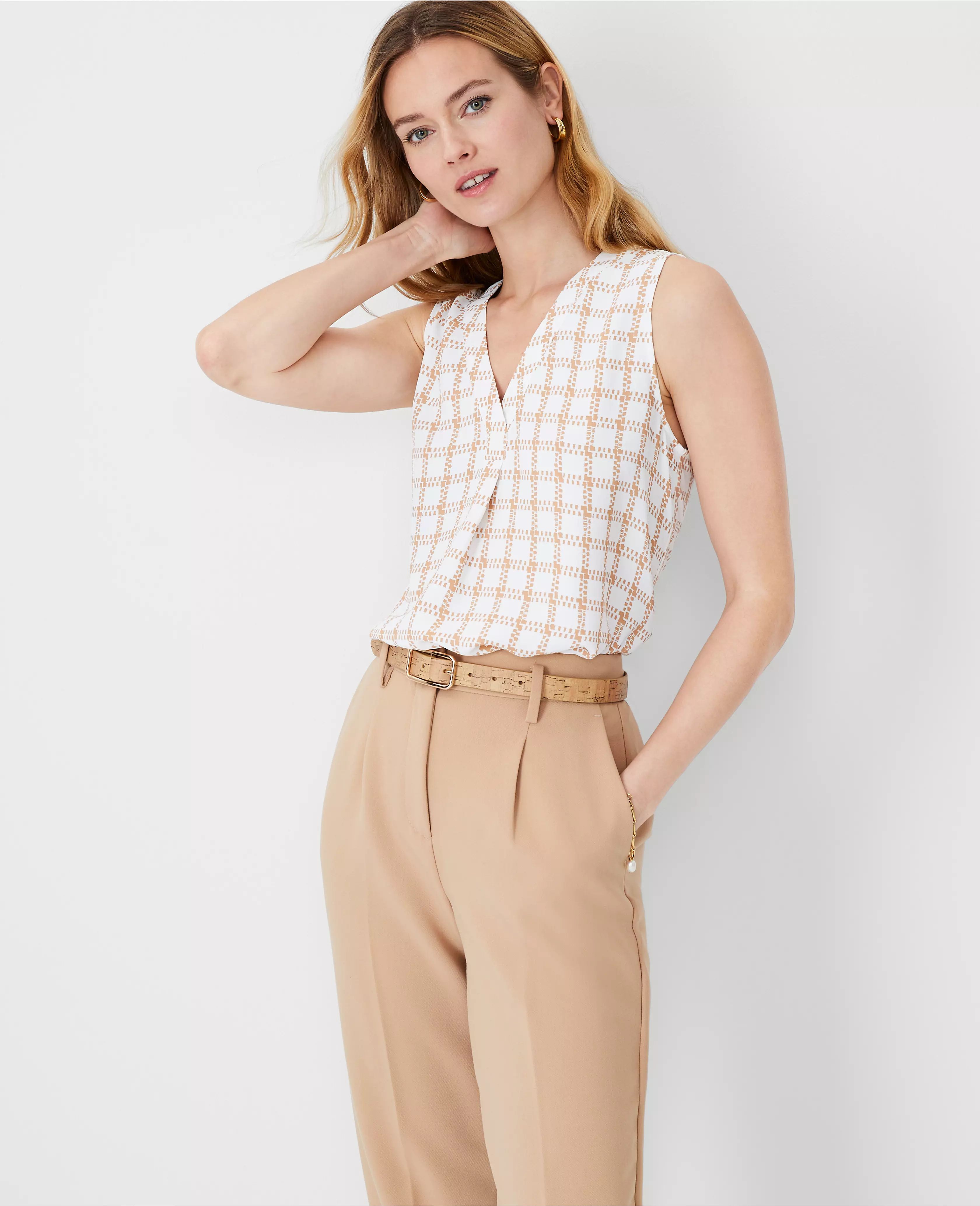 Plaid Mixed Media Pleat Front Top | Ann Taylor (US)