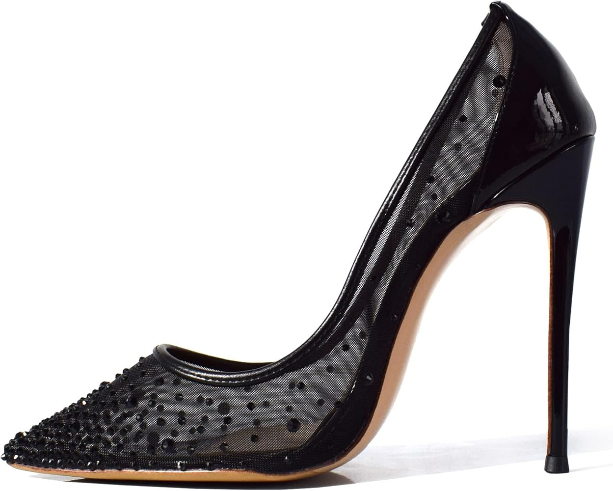 Doris Fanny XFN Pointed Toe Stiletto Pumps Rhinestone Dress Black mesh Women high Heels | Amazon (US)