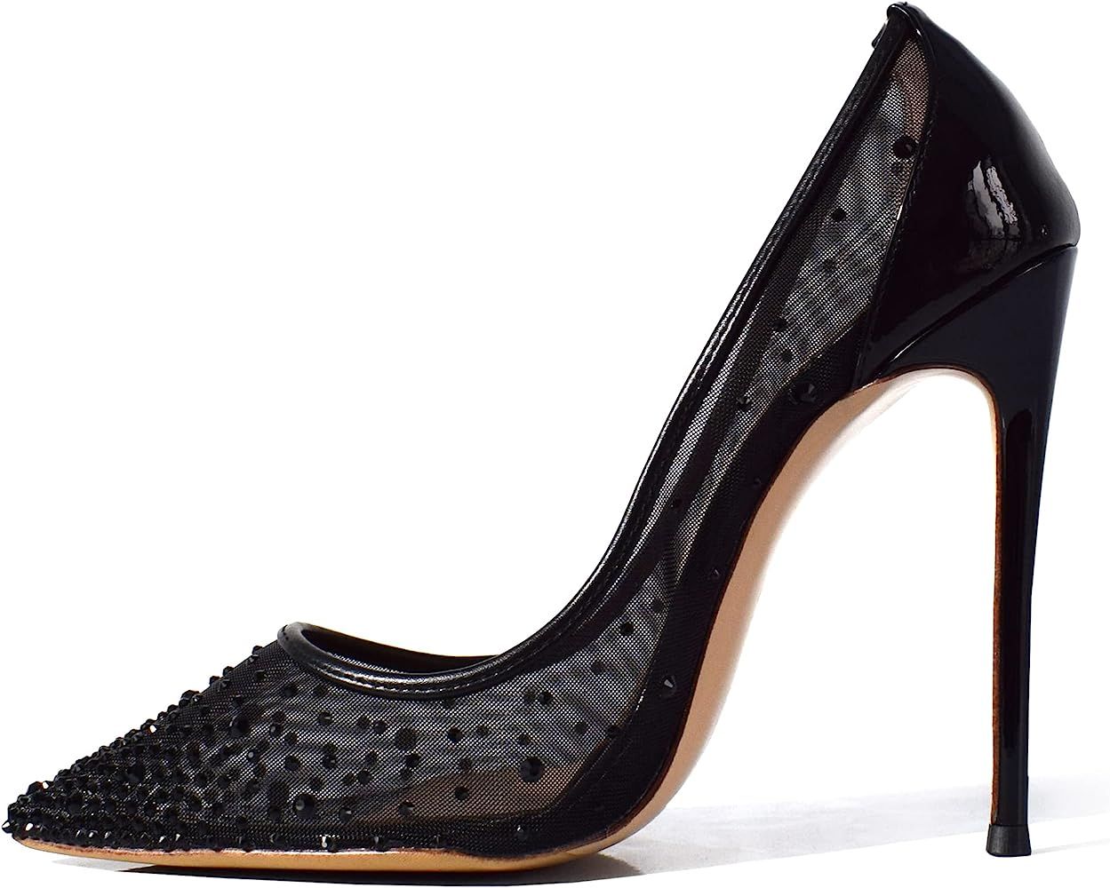 Doris Fanny XFN Pointed Toe Stiletto Pumps Rhinestone Dress Black mesh Women high Heels | Amazon (US)