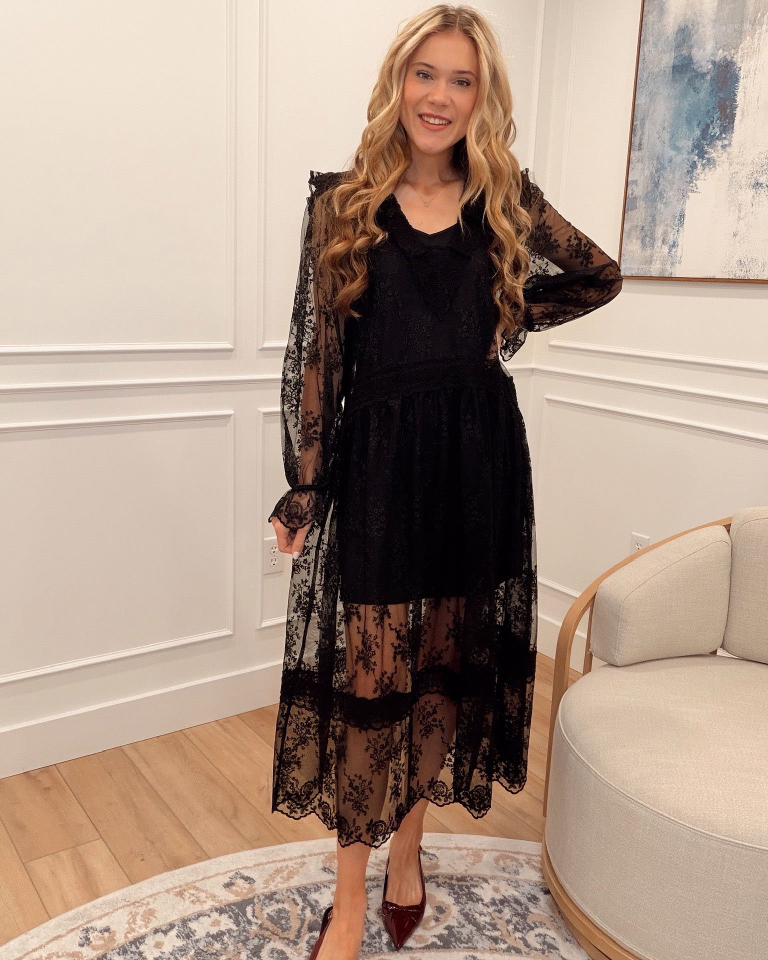 @Walmart This black lace midi dress from Walmart is such a good going-out piece 🍂 Loving the sheer sleeves and scalloped hem, finished with burgundy heels.

True to size, small, 5'8.5" for reference.

#LTKSeasonal #LTKootd #LTKNYFW