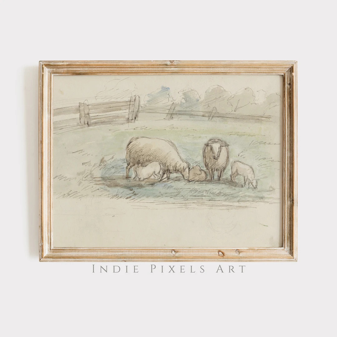 Vintage Farmhouse Print Sheep Sketch Spring Landscape Cottage Nursery Decor Neutral English Count... | Etsy (US)