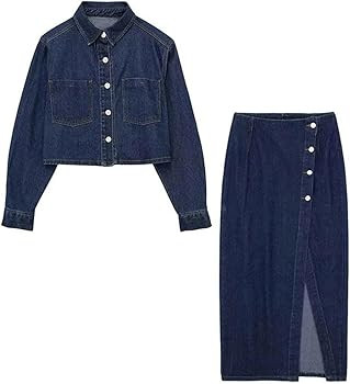 Fulbant Denim Jacket Women 2 Piece Sets 2023 Autumn Winter Long Sleeve Coat Crop Top Midi Skirt S... | Amazon (US)