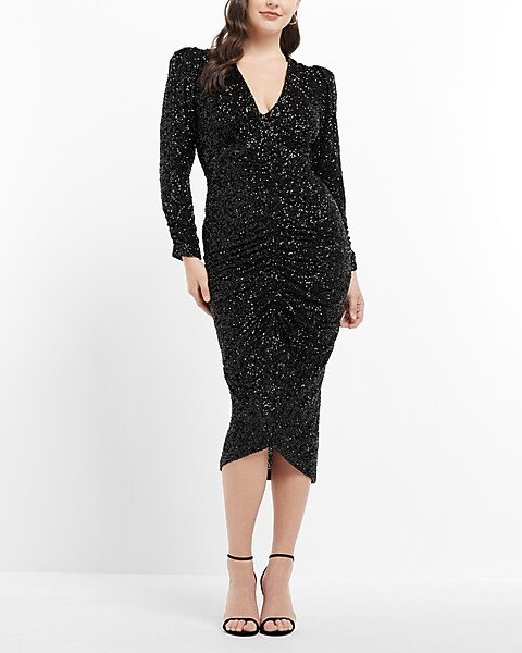 Sequin V-neck Puff Shoulder Ruched Midi Sheath Dress | Express