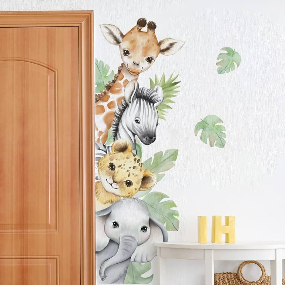 44.88 x 11.75 Inch Watercolor Jungle Animal Wall Decals Forest Animal Wall Sticker Safari Elephan... | Amazon (US)