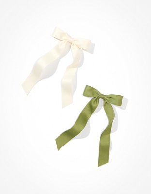 AEO Green + Cream Hair Bow 2-Pack | American Eagle Outfitters (US & CA)