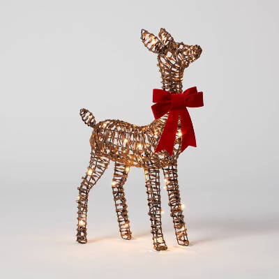 24" LED Faux Rattan Deer Fawn with Red Bow Christmas Novelty Sculpture Light - Wondershop™ | Target