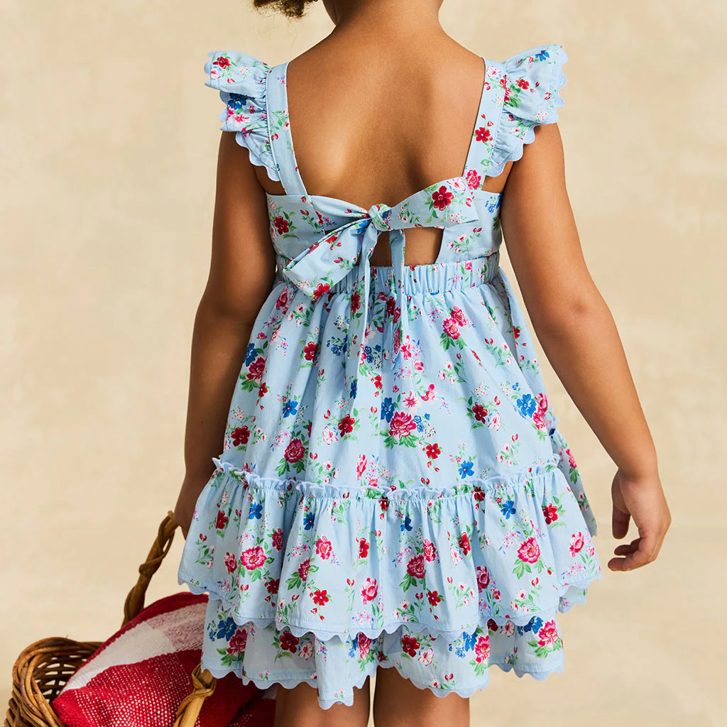 Floral Blue Ruffled Strap Jean Bamboo Challis Tie Back Tiered Dress | Posh Peanut\u00ae | Posh Peanut