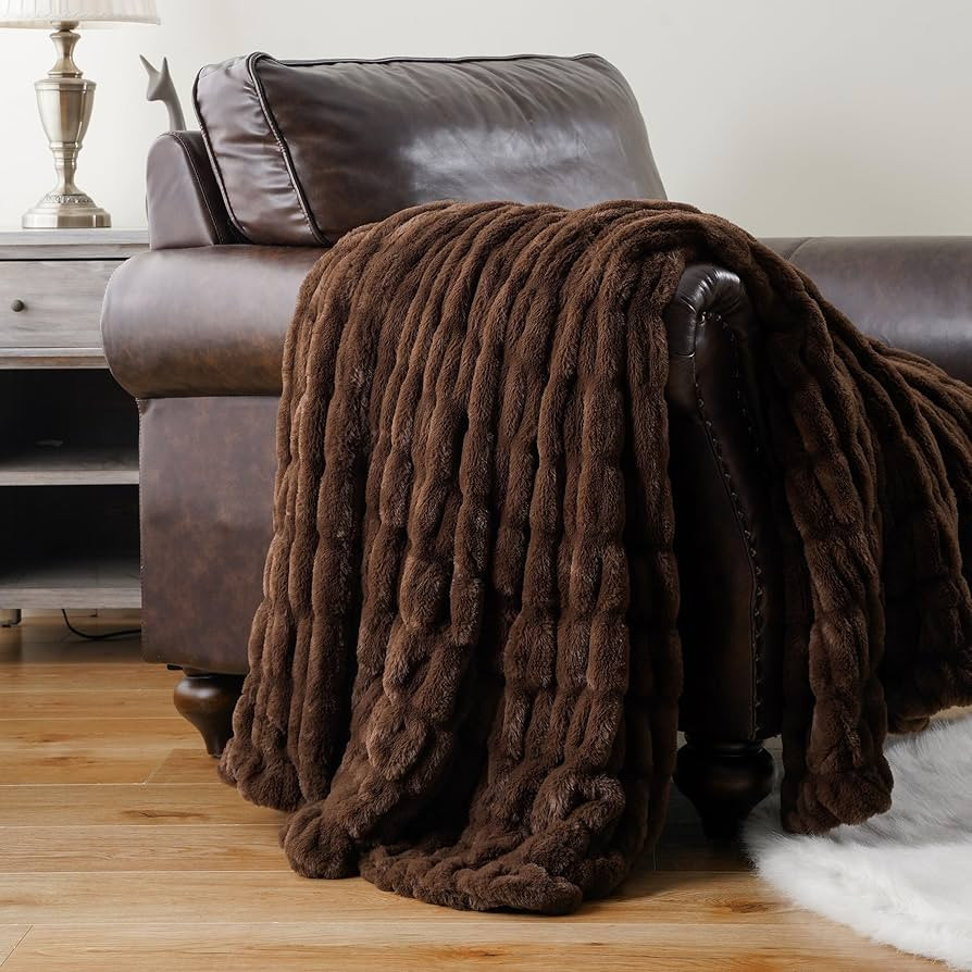 BATTILO HOME Rust Brown Faux Fur Throw Blanket for Bed, Large Double Side Reversible Ruched Rabbi... | Amazon (US)