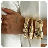 Boho Gold-Tone Cuff Bangle Bracelet Set for Women - Chunky Waterdrop Irregular Wide Stackable Min... | Amazon (US)