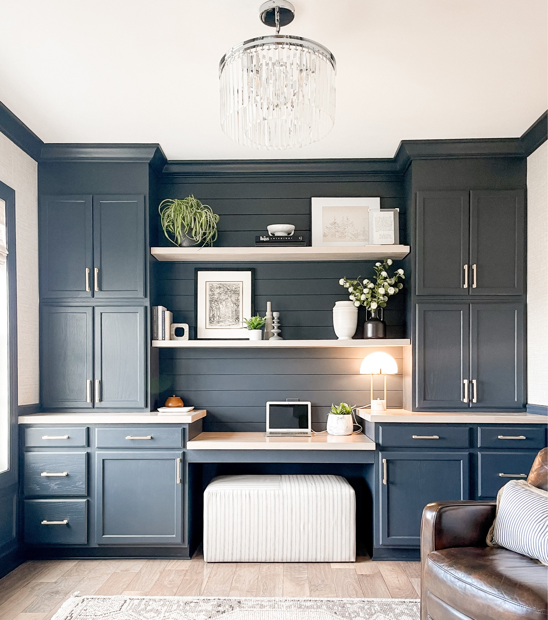 Moody home office, home office inspiration 
Home office built in storage cabinets and desk
Floating shelves 
Paint color : Valspar Chimney Smoke 

#LTKFind #LTKstyletip #LTKhome