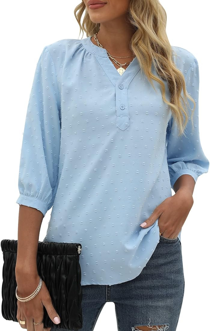 Womens Summer V Neck 3/4 Sleeve Blouses Swiss Dot Tunic Tops Casual Button Shirts | Amazon (US)