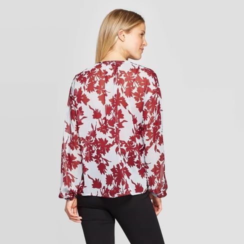 Women's Leaf Print Long Sleeve Collared Popover Blouse - A New Day™ Blue | Target