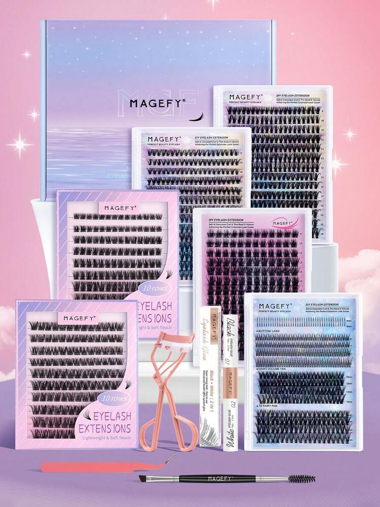 MAGEFY Professional Eyelash Combination Set With Gift Box,6 Boxes Of Cluster Eyelashes + 1pc Eyelash Curler + 1pc Tweezers + 1pc Eyelash Brush+1pc Eye Lash Glue,Thick Curling Fluffy Eyelashes For Party Use Manga Eyelashes,Makeup Tools For Travel Essentials,Gift For Women&Girls Lash Clusters Kit,Lashes,Eyelashes,Fake Lashes | SHEIN