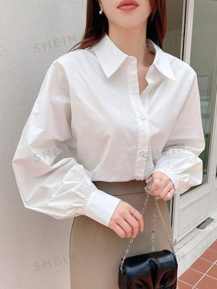 DAZY Solid Button Front Bishop Sleeve Shirt | SHEIN