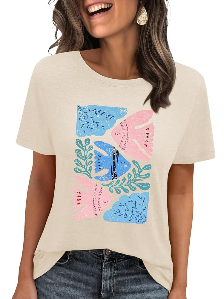 HDLTE Graphic Tees for Women - Womens T Shirts Short Sleeve Shirt Cute Vintage Shirt Loose Fit Co... | Amazon (US)