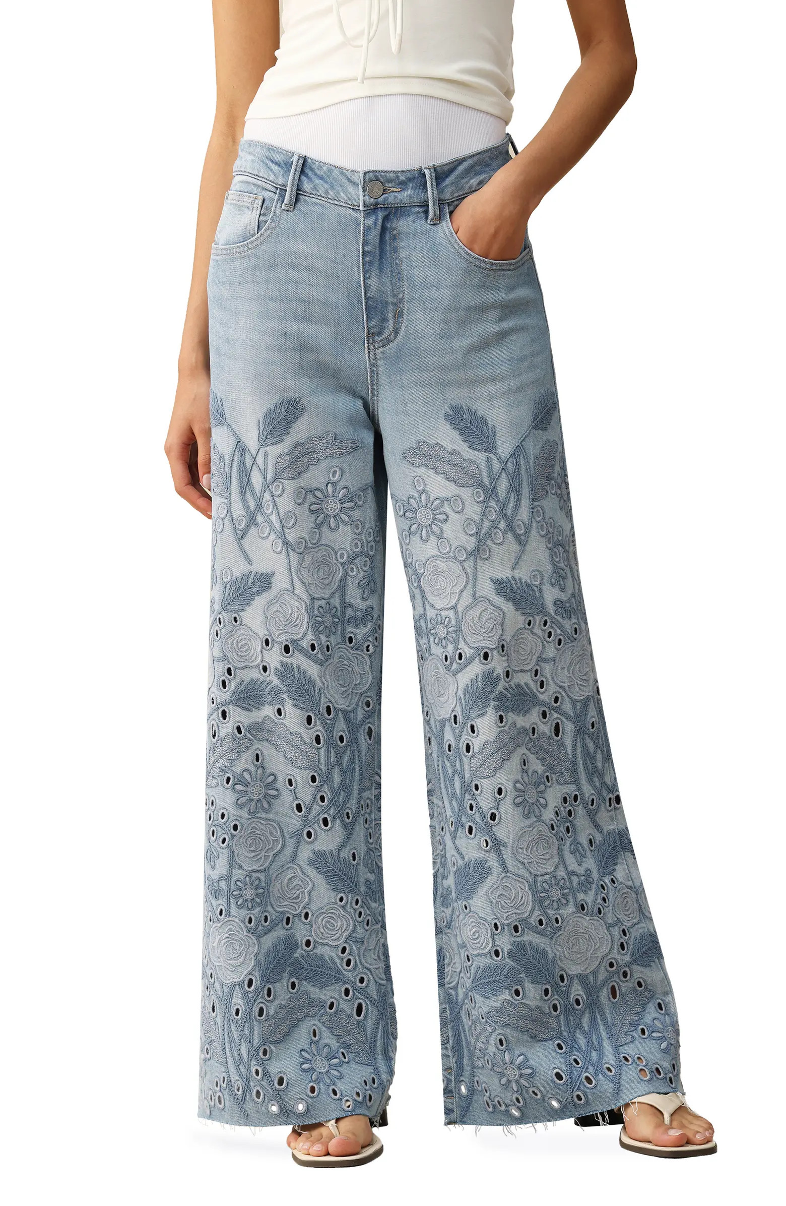 Bayeas Embroidered High Waist Wide Leg Jeans | Nordstrom | Nordstrom