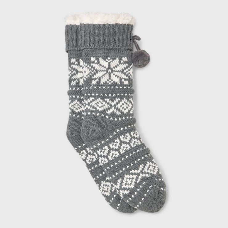Women's Fair Isle Faux Shearling Lined Slipper Socks with Poms & Grippers - Charcoal Gray 4-10 | Target
