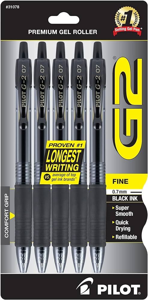 Pilot, G2 Premium Gel Roller Pens, Fine Point 0.7 mm, Black, Pack of 5 | Amazon (US)