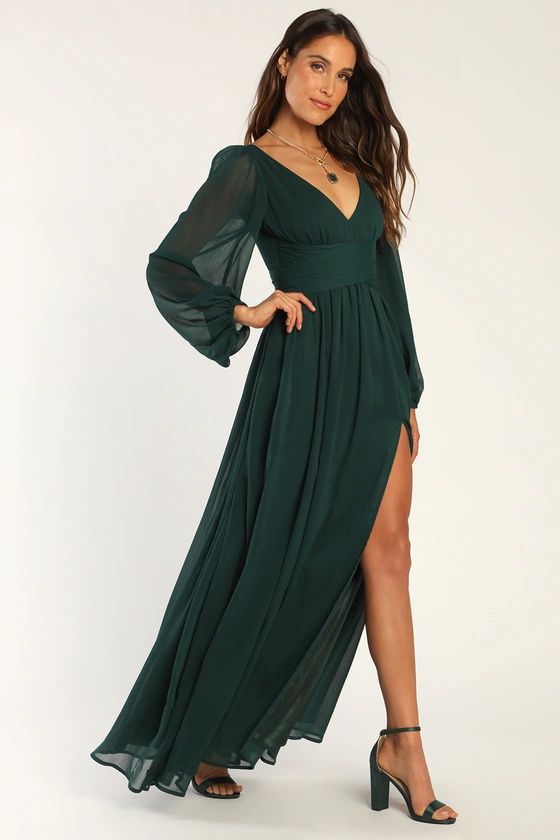 Enchant My Love Emerald Green V-Neck Long Sleeve Maxi Dress | Lulus (US)