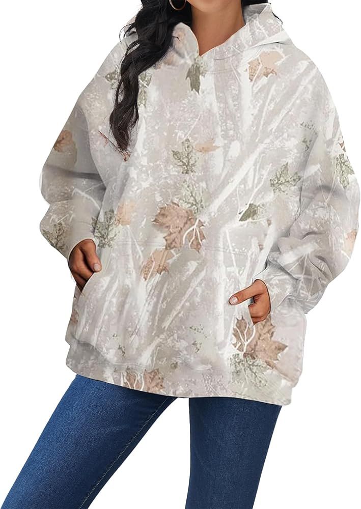 Labolliy Women Oversized Camo Hoodies Maple Leaf Print Long Sleeve Fleece Pullover Sweatshirt wit... | Amazon (US)