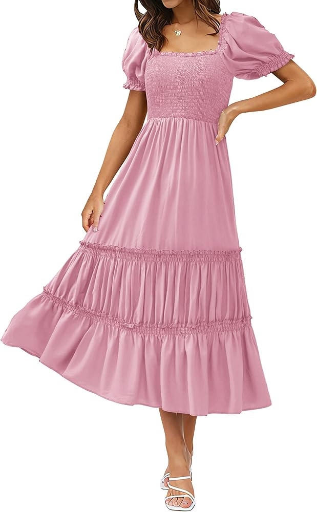 KIRUNDO Womens Square Neck Smocked Short Puff Sleeve Tiered Midi Solid Casual A Line Flowy Dress | Amazon (US)