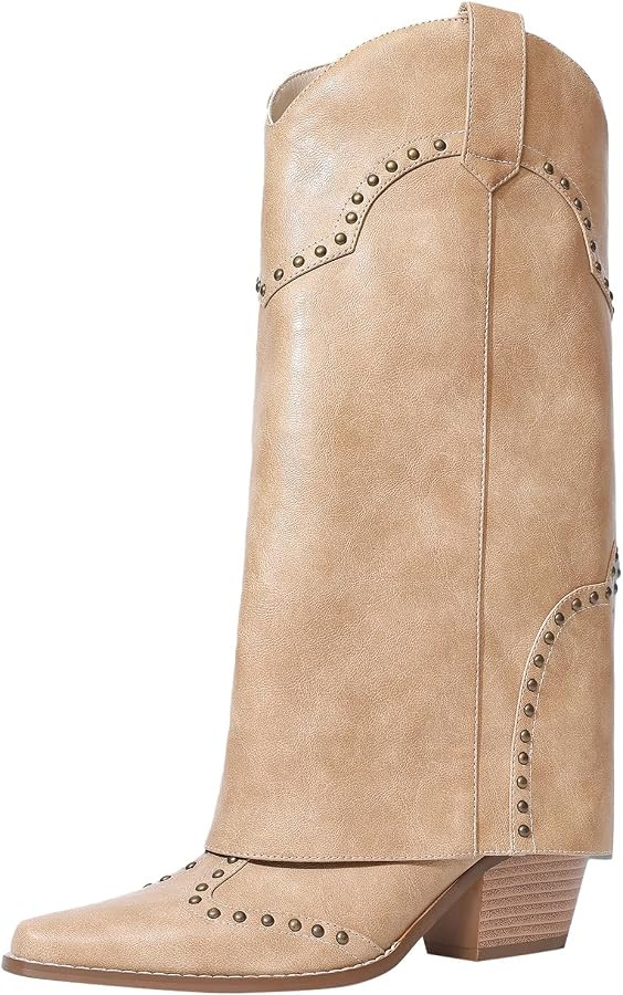 Women Cowboy for Women Cowgirl Knee High Western Fashion Shark Boots Fold Over Studded Chunky Hee... | Amazon (US)