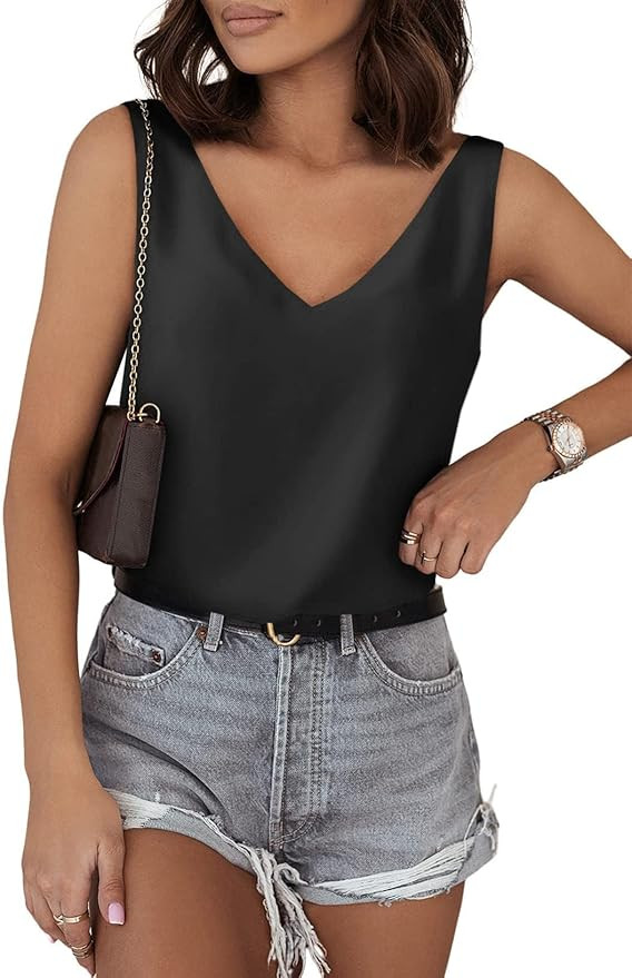 Dokotoo Tank Top for Women V Neck Satin Long Flowy Womens Tank Tops Loose Fit Cute Summer Casual ... | Amazon (US)